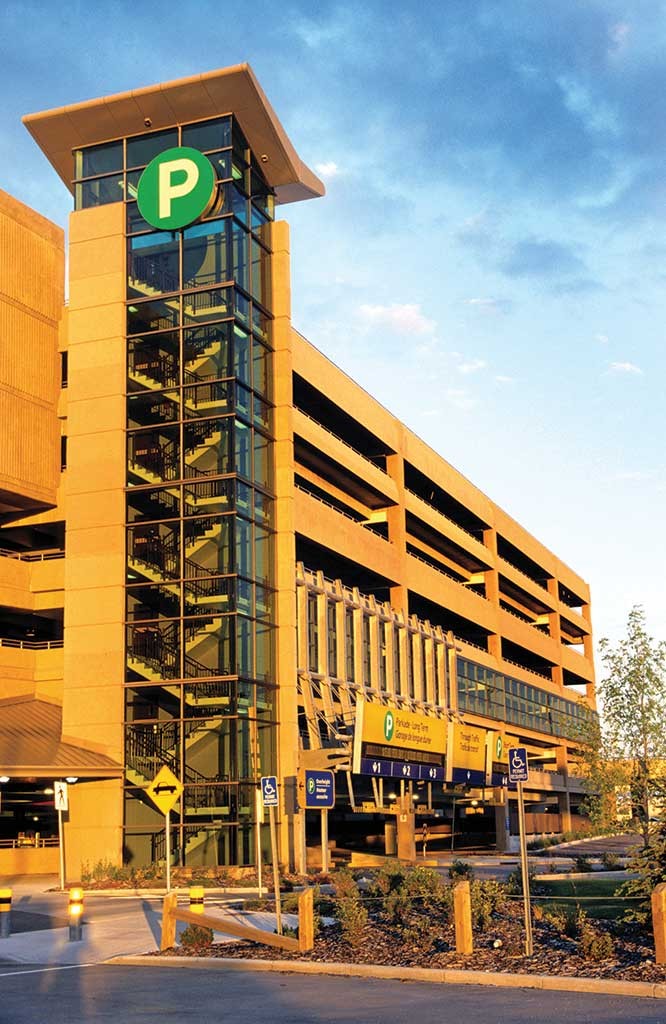 Calgary International Airport Parkade - Mitigation of the urban heat island effect (UHI) was accomplished through the use of lighter-colored surfaces in the parkade, which reflect more sunlight and absorb less heat.